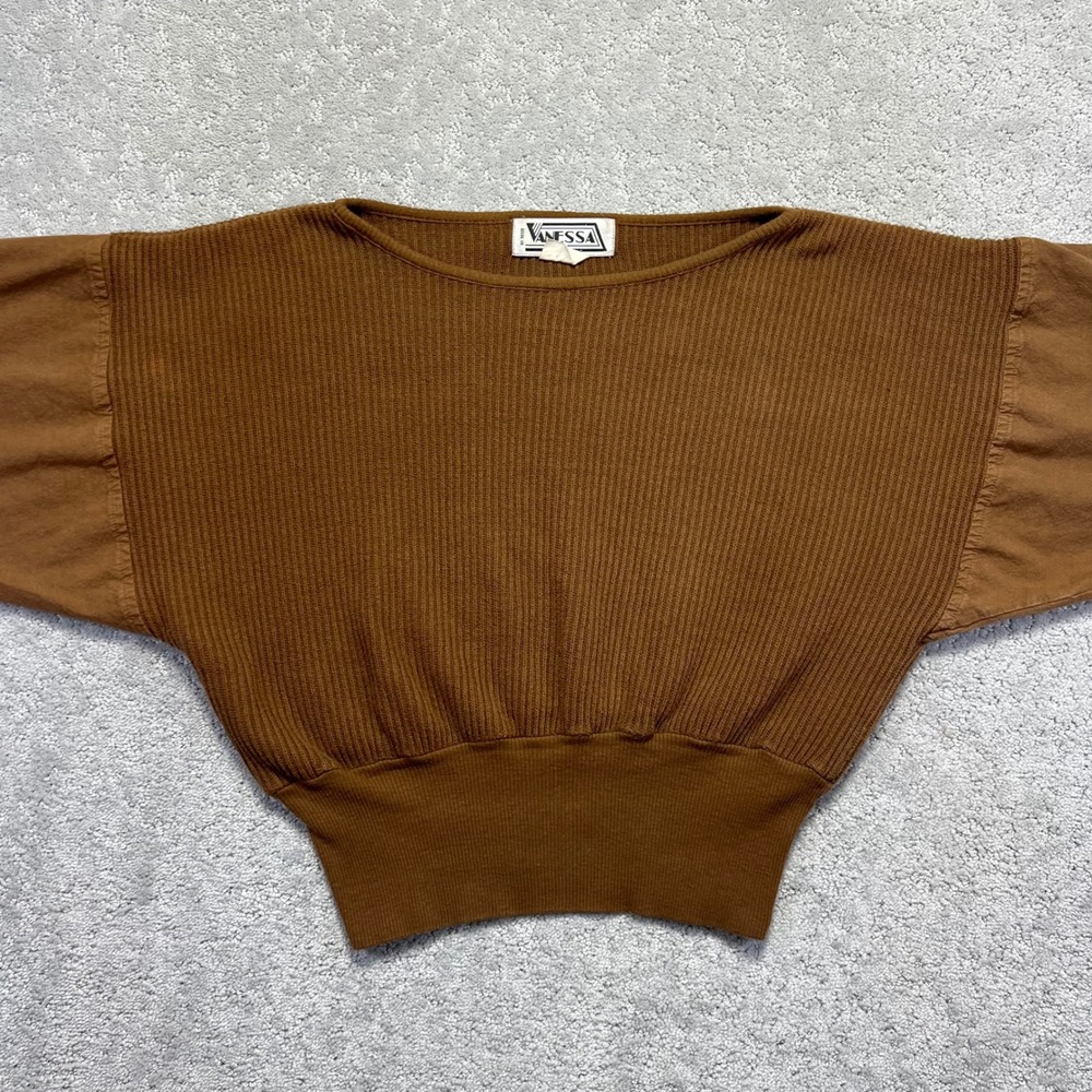 Vanessa Vintage Brown Ribbed Cotton Dolman Sleeve Cropped Sweater Womens Medium - Picture 2 of 14